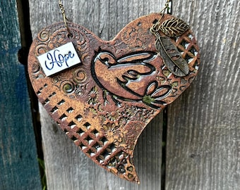 heart wall decor, handcrafted russet green heart decor, hope inspiration heart decor, home pottery gift, patio wall decor, valentine decor