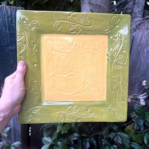 ceramic tray, handcrafted pottery fruit bowl, table centerpiece serving platter, floral green yellow decorative tray, home pottery gift