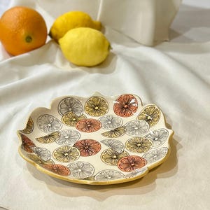 citrus dish, handcrafted ceramic dish, citrus fruit designs, scalloped edge pottery dish, orange and lemon slices dish, serving dish gift
