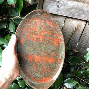 handmade ceramic serving tray, handmade pottery serving tray, red brown ceramic platter, ceramic vanity tray, ceramic oval fruit platter