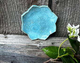 Floral Ceramic Dish: Turquoise Stoneware Pottery, Jewelry or Soap