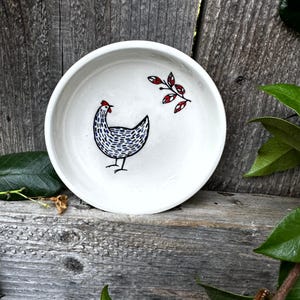 ceramic bowl, small ceramic dish, small sauce bowl with chicken farmyard theme, small pottery gift bowl, trinket jewelry dish, shallow bowl