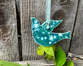 Handcrafted Ceramic Dove Ornament: Green Christmas Tree Decoration