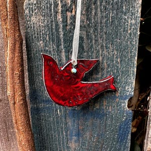 dove ornament, handcrafted ceramic flying dove ornament, red Christmas dove ornament, peace dove on ribbon, ornament exchange dove gift