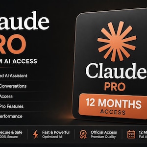 Può includere: Un cartello rettangolare nero con accenti arancioni che mostra il testo Claude PRO PREMIUM AI ACCESS. Elenca funzionalità come Advanced AI Assistant, Longer Conversations, Priority Access e Better Performance. Un badge riporta 12 MONTHS ACCESS.