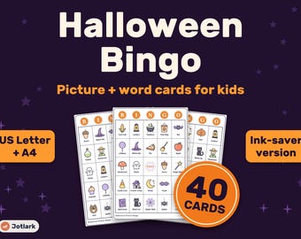 Kids Halloween Picture Bingo, 40 Unique Cards, Classroom Party Game (PDF)