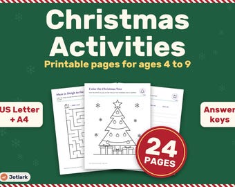Christmas Activity Pack for Kids, Ages 4-9, 24 Printable Pages (Digital Download)