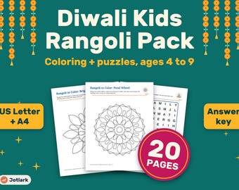 Diwali Kids Activity Pack: Rangoli Coloring, Puzzles, Lantern Craft (PDF)