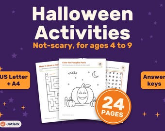 Not-Scary Halloween Activity Pack, Ages 4-9, Coloring, Mazes, Puzzles (Digital Download)