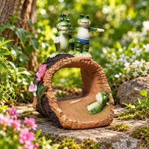 May include: A decorative garden ornament featuring three green frog figurines on a hollow log. Two frogs stand on top, one wearing blue trunks, while a third frog rests inside the log. The log has textured brown bark and pink flowers.