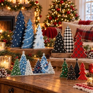 Christmas Wooden Tree Decor Set, 3 Piece Wood Christmas Tree Figurines, Double Sided Printed Holiday Tabletop Decoration, Rustic Xmas Gift