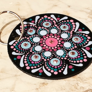 Handpainted Mandala Wooden Keychain with Swarovski Crystals