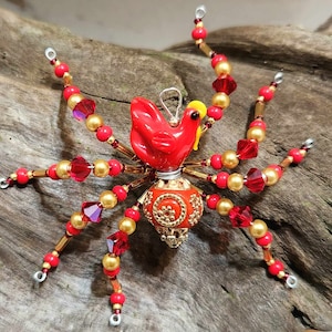Christmas Spider Ornament: Red, Gold, Swarovski Crystals, Chicken, Legend Included