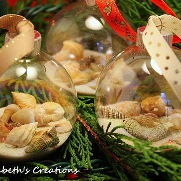 Seashell Ornament, Beach Ornament, Seashell Glass Ornament, Sand and Seashells Beach Ornament, Beach Holiday Glass Globe, Christmas Ornament