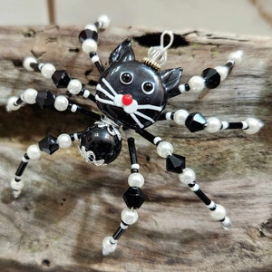 OOAK Christmas Spider Ornament: Black & White Cat, Swarovski Crystals