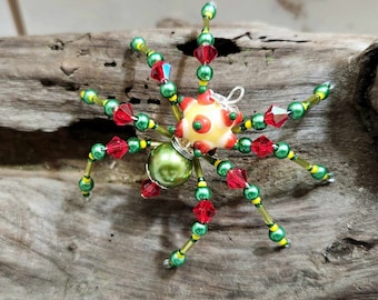 OOAK Christmas Spider Ornament: Swarovski Crystals, Hand Blown Glass
