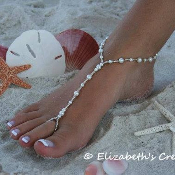 Barefoot Sandal - Simply Elegant  White Pearls and Silver Beads Destination Wedding, Beach Wedding, Bridal Shoes, Beaded Pearl Sandal