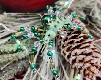 Christmas Spider Ornament: Green Silver Swarovski Crystal Beaded OOAK