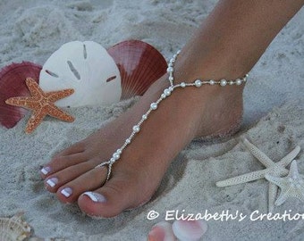 Barefoot Sandal - Simply Elegant  White Pearls, Destination Wedding, Mermaid Party, Beach Bridal Shoes, Beaded Pearl Sandals, Beach Wedding