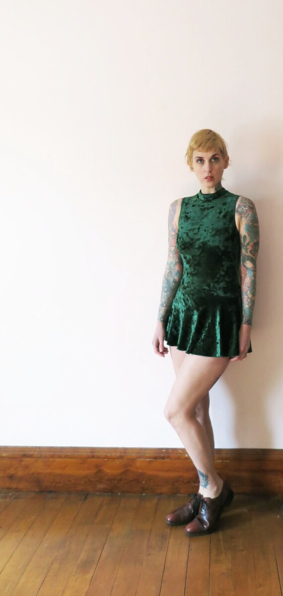 90s VTG Leotard- Emerald Green Stretch Velvet Slee