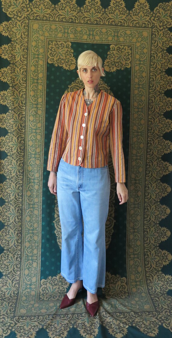 1960s VTG Top- Long Sleeve Seersucker Orange Tones