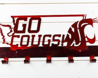 Washington State University | WSU Cougars | Metal Coat Rack | Metal Wall Art | 5 Hooks | Licensed NCAA | Metal Home Decor | Coat Hanger