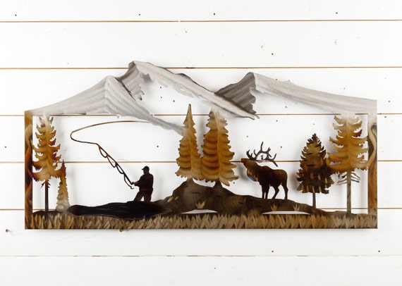 Elk and Fisherman Metal Wall Art Metal Home Decor Elk Hunting Fly