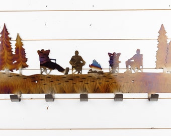 Camping Scene Metal Coat Rack | Rustic Outdoors Wall Art, 5 Hooks