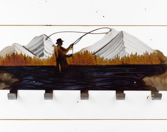 Fisherman | Metal Coat Rack | Metal Wall Art | 5 Hooks | Fly Fishing | Metal Home Decor | Coat Hanger