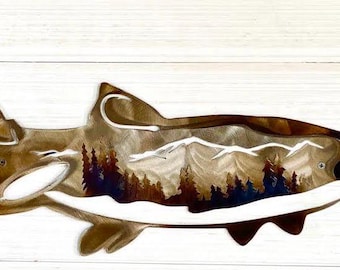 Hand-Textured Fish Metal Wall Art | Mountain Scene Home Decor