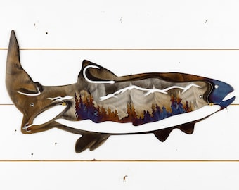 Fish | Metal Wall Art | Metal Home Decor | Fish | Mountain Scene | Fisherman | Fishing | Welcome Sign