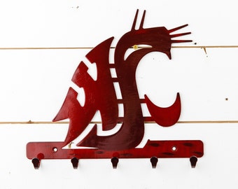 Washington State University | WSU Cougar | Metal Keychain Holder | 5 Hooks | Metal Wall Art | Licensed NCAA | Home Decor