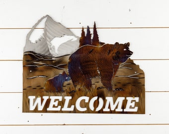 Bear | Metal Wall Art | Metal Home Decor | Bear and Cub | Welcome Sign