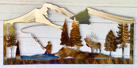 Elk and Fisherman Metal Wall Art Metal Home Decor Elk Hunting Fly Fishing  Welcome Sign -  Canada