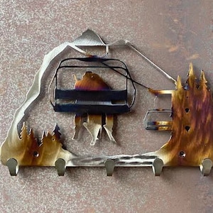 Ski Lift | Metal Keychain Holder | 5 Hooks | Metal Wall Art | Ski Hill and Chair Lift | Home Decor
