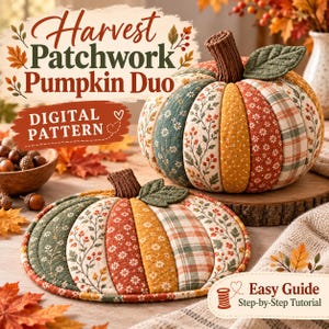 May include: A Harvest Patchwork Pumpkin Duo digital pattern featuring two fabric pumpkins with quilted segments in autumn colours, including floral, plaid, and dotted prints. Each pumpkin has a brown textured stem and a green leaf.