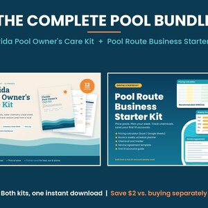 May include: The Complete Pool Bundle includes a Florida Pool Owner's Care Kit and a Pool Route Business Starter Kit. The digital kit features printable checklists, water chemistry cheat sheets, pricing calculators, route planners, and service agreement templates for pool maintenance.