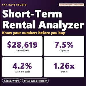 May include: A dark purple digital Short-Term Rental Analyzer Excel template with white boxes displaying financial metrics: $28,619 Annual NOI, 7.5% Cap rate, 4.2% Cash-on-cash, and 1.26x DSCR. Includes text labels for Airbnb, VRBO, and Break-even occupancy.