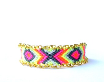 Chain Trimmed Friendship Bracelet. Electric Pink.