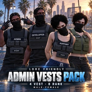 May include: Four individuals wearing tactical vests with labels reading ADMIN, DEVELOPER, SUPPORT, and HEAD ADMIN. Each vest features STAFF patches and multiple pockets. The individuals wear black face masks and dark clothing. Text reads LORE FRIENDLY ADMIN VESTS PACK 4 VEST - 8 RANK MALE - FEMALE.