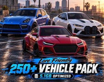 May include: A blue SUV, a white sports car, and a red sports car parked on a wet surface. The text reads: Lore Friendly 250+ VEHICLE PACK 5.1GB OPTIMIZED. The cars feature detailed headlights, grilles, and aerodynamic body designs.