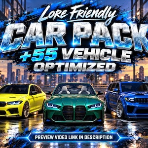Könnte beinhalten: Eine digitale Grafik mit dem Text Lore Friendly CAR PACK + 55 VEHICLE OPTIMIZED und PREVIEW VIDEO LINK IN DESCRIPTION. Unter dem Text stehen eine gelbe Limousine, ein grüner Sportwagen und ein blauer SUV auf einer nassen Oberfläche.
