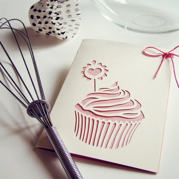 Strawberry Cupcake greetings card - hand cut card - 4 x 6 inches