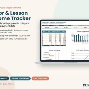 May include: A digital Tutor & Lesson Income Tracker template for Excel and Google Sheets displayed on a laptop screen. The dashboard shows financial data, including income, expenses, profit, and charts for Harbor Lane Lessons 2026.