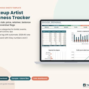 May include: A digital Makeup Artist Business Tracker template for Excel and Google Sheets displayed on a laptop screen. The dashboard shows financial data, including income, expenses, profit, and charts for monthly tracking and year-to-date totals.