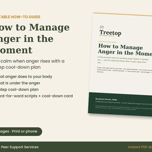 May include: A printable how-to guide titled How to Manage Anger in the Moment. The document features a 6-step cool-down plan, word-for-word scripts, and a cool-down card. It is a 15-page PDF by Janice French, CRSS, from Treetop Peer Support Services.