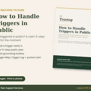 Könnte beinhalten: Ein druckbarer 15-seitiger PDF-Leitfaden mit dem Titel How to Handle Triggers in Public von Treetop Peer Support Services. Das Dokument enthält einen 5-Schritte-Plan, eine Toolbox zur Erdung, eine Trigger-Karte und ein Protokoll.