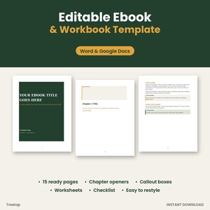 Puede incluir: Una plantilla editable de libro electrónico y libro de trabajo para Word y Google Docs. El diseño presenta una portada verde oscuro con texto blanco, una página de apertura de capítulo y una página de contenido con títulos y cuadros.