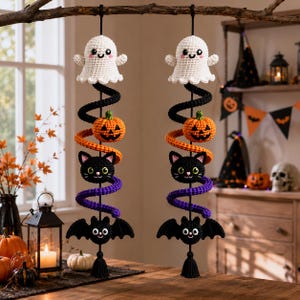 May include: Two identical hanging crochet decorations featuring a white ghost, an orange pumpkin, a black cat, and a black bat arranged vertically on a spiral cord. Each piece ends with a black tassel and is suspended from a dark string.