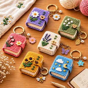 May include: Six miniature crochet book keychains featuring various designs: a purple book with a daisy, a green book with lily of the valley, a pink book with roses, a cream book with lavender, a yellow book with sunflowers, and a blue book with clouds.